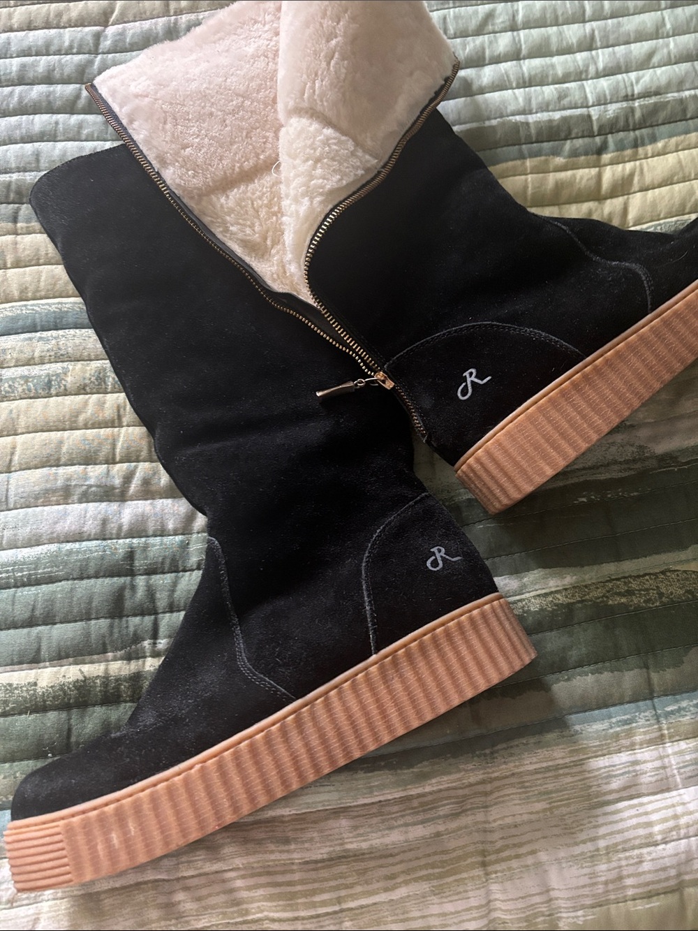 PLUSHBERRY Black Suede Shearling-Lined Boots with Tan Platform